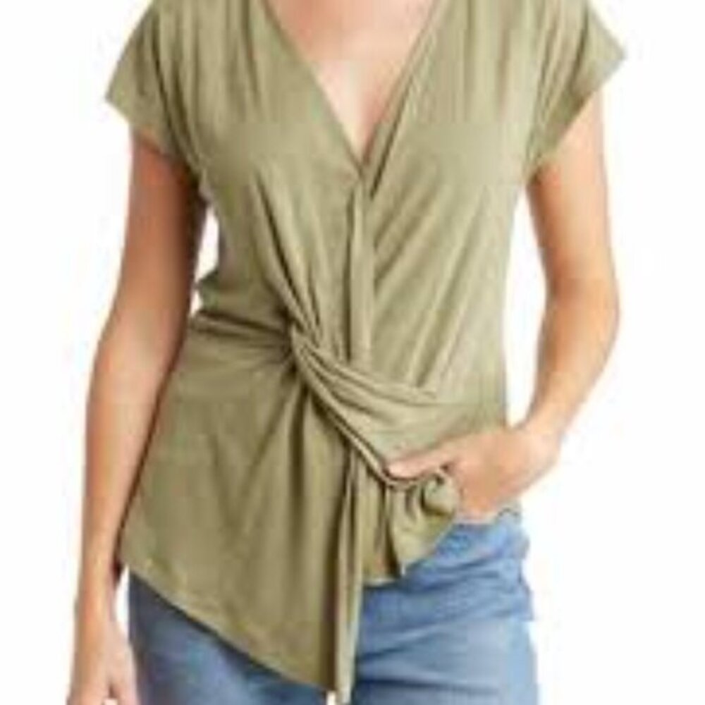 BCBGMAXAZRIA Women's Relaxed Linen Knot Front Wrap V Neck Top, Size XXS, Green